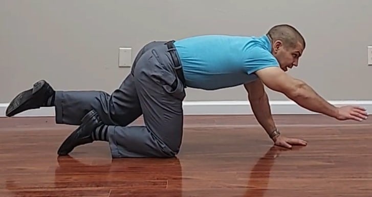 on knees and hands, while lifting up one are and one, opposite leg