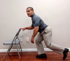 balance exercise for seniors single leg mini-squat leg behind