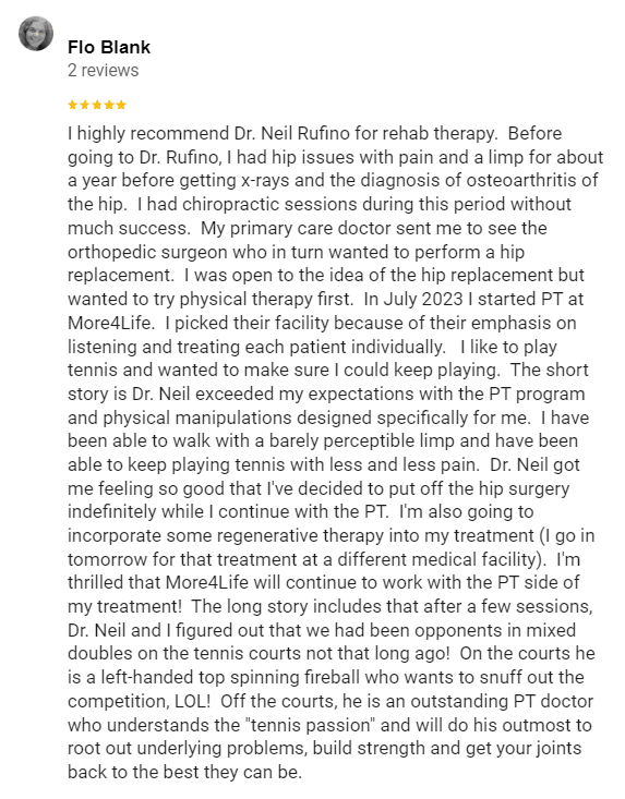 Flo 5-Star Review About More 4 Life Physical Therapy