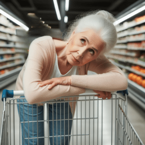 Woman with spinal stenosis walking leaned over a grocery cart